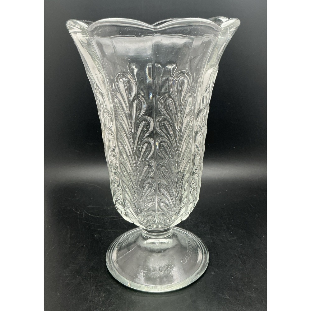 Vintage E. O. Brody Co M5200 Crystal Clear Glass Footed Vase 9" Oak Leaf Pattern